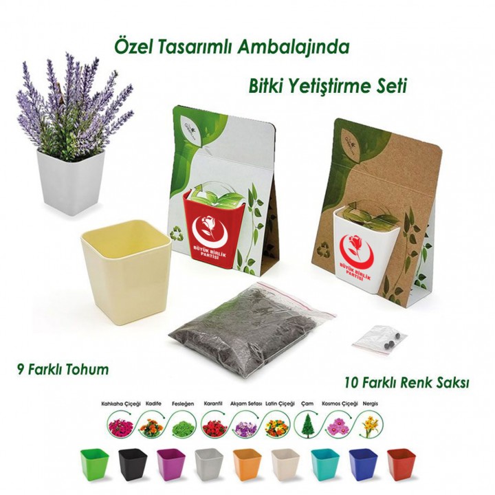 Saadet Partisi Logolu Özel Ambalajlı Kare Saksılı Bitki Yetiştirme Seti